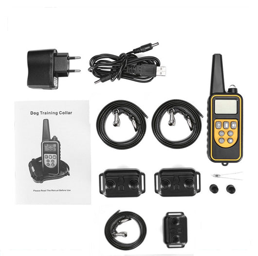 Three electric dog training collars in black, orange, and yellow with receivers, alongside a black and yellow remote control. - Image 15