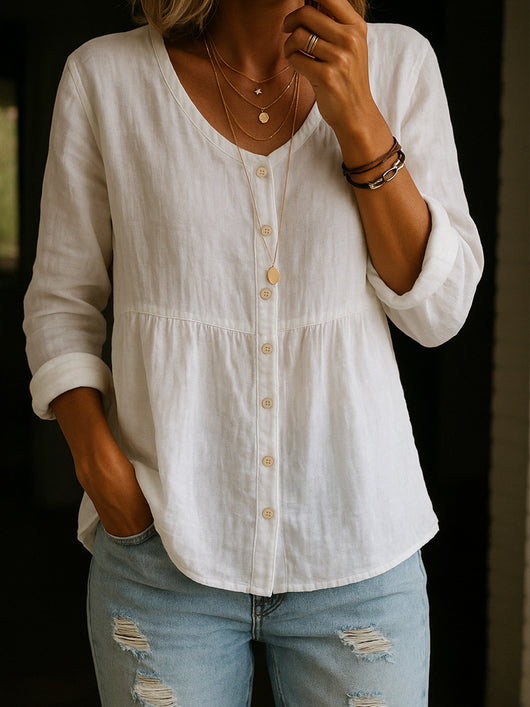 Camisa Holgada de Algodón y Lino con Cuello V y Botones - Image 6