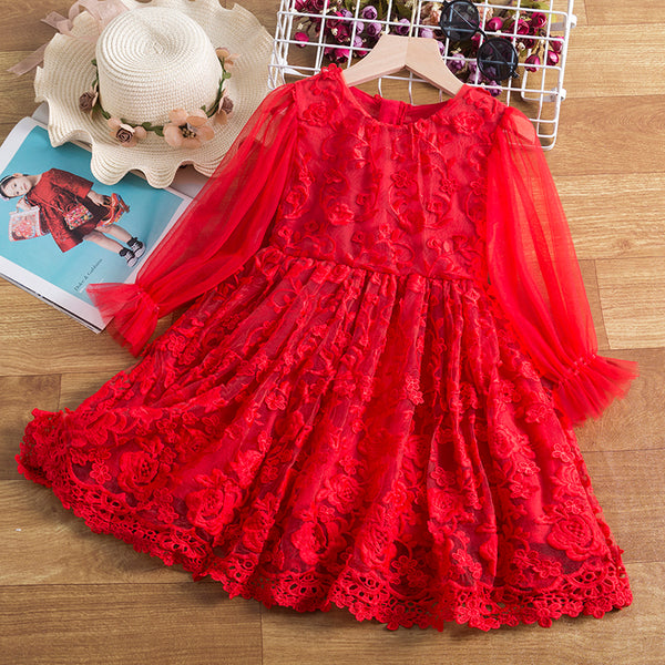 Vestido Infantil Largo de Encaje Princesa con Manga Larga