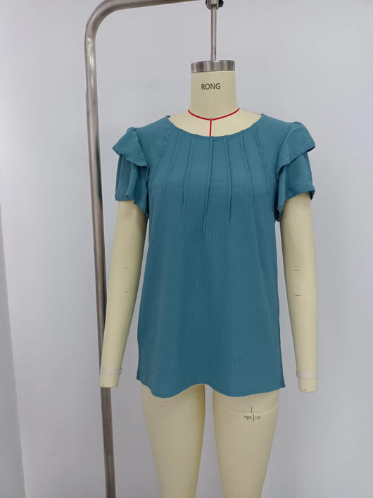 Blusa Ejecutiva Plisada de Manga Corta Cuello Redondo - Image 19