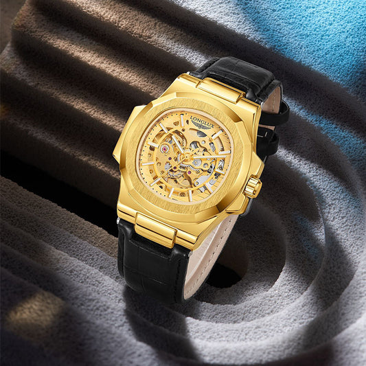 Reloj Mecánico Impermeable para Hombre con Correa de Cuero Barril
