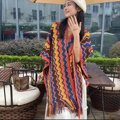 Rebozo Étnico Geométrico con Patrón Wave - Tejido Grueso y Cálido para Viajes - Image 4