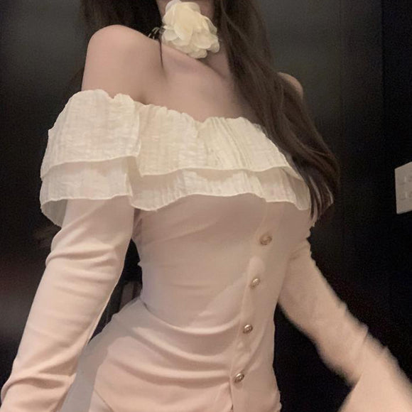 Blusa Larga Hombros Descubiertos con Volantes y Patchwork para Mujer