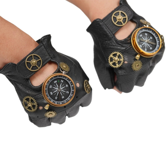 Guantes Steampunk de Cuero Vintage con Brújula - Estilo Retro Medio Dedo