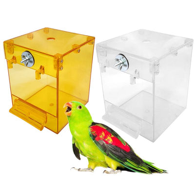 Transparent yellow square bird bath with a front perch and metal attachment for external cage mounting. - Image 11