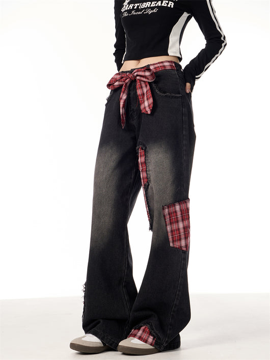Pantalones Jeans Rectos Anchos para Mujer con Cuadros y Moño - Image 14
