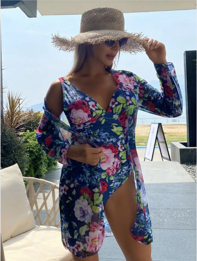 Traje de Baño Tres Piezas con Estampado Botánico Plisado - Image 6