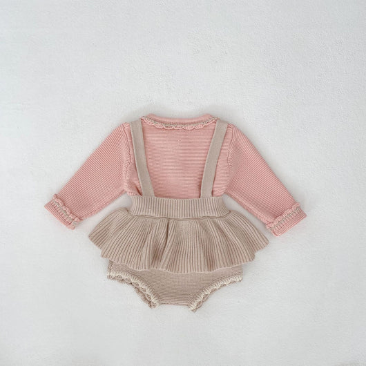 Conjunto de Dos Piezas para Bebé Niña - Cardigan Bicolor con Falda Pantalón Suspensores - Image 14