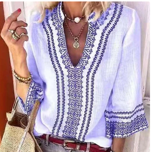 Blusa Estampada V-Escote Manga Trompeta Elegante para Oficina - Image 6