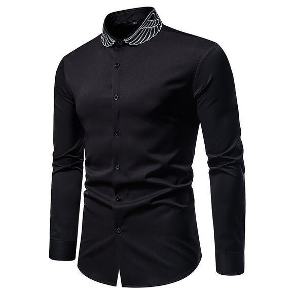 Men's Mandarin Collar Shirt with Embroidered Wings - Modern Style