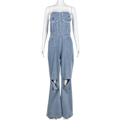 Jumpsuit Denim para Mujer con Escote V y Bolsillo Cremallera - Image 13