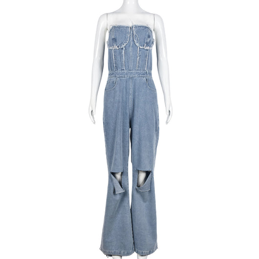 Jumpsuit Denim para Mujer con Escote V y Bolsillo Cremallera - Image 13