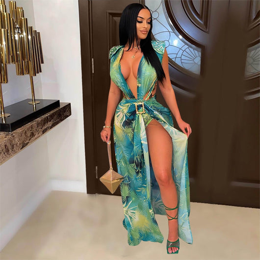 Traje de Baño Dos Piezas con Cardigan Estampado sin Mangas - Image 32