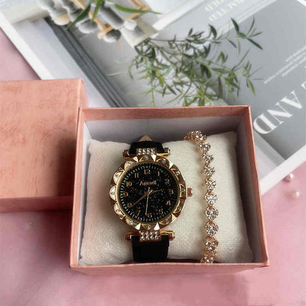 Conjunto de Reloj Frosted Estrellado y Cinturón de Dos Piezas