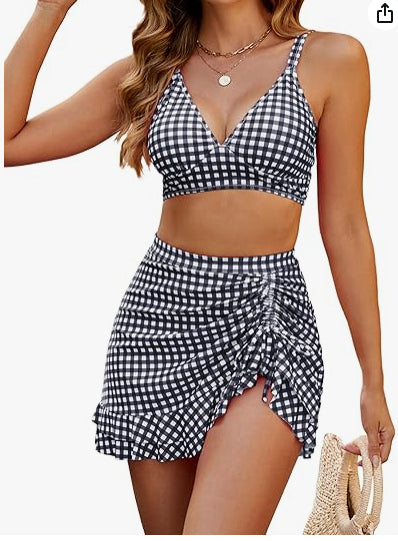 Black and white gingham two-piece swimsuit with a V-neck bikini top and a high-waisted ruched swim skirt. - Image 25
