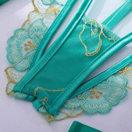 Teal women's fashion bra set with floral embroidery, including an underwire bra, thong, and garter belt. - Image 12