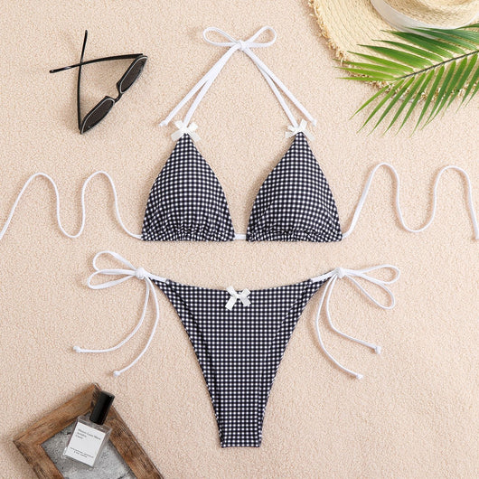 Blue and white gingham plaid bikini swimsuit with triangle top and thong bottom, featuring white tie straps and bows. - Image 57
