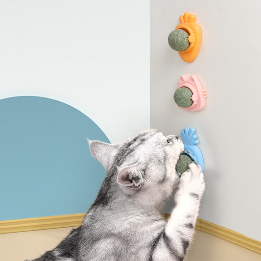 Orange carrot-shaped cat toy with a clear dome holding a rotating catnip ball, next to its white packaging box.