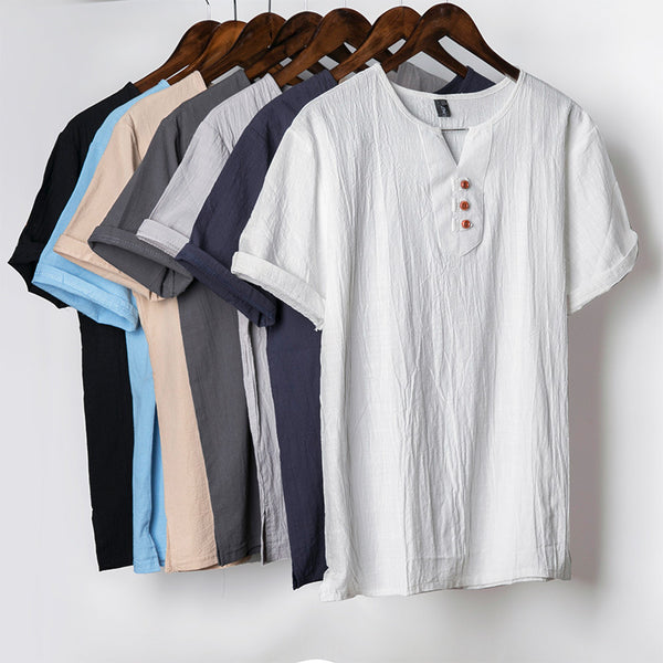 Camiseta Casual Hombre Algodón y Lino Manga Corta Colores Sólidos