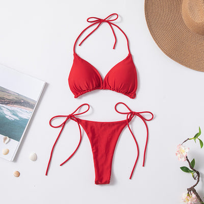 Red solid color two-piece bikini swimsuit with a halter tie-top and adjustable tie-side thong bottom. - Image 7