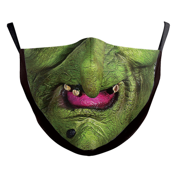 Blue face mask with a printed design of a face featuring red lips and a dark blue nose, with black ear loops. - Image 4