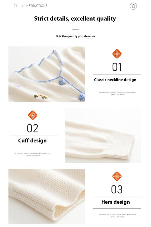 Suéter de Cachemira Pura con Bordado Artesanal Cuello Redondo para Mujer - Image 7