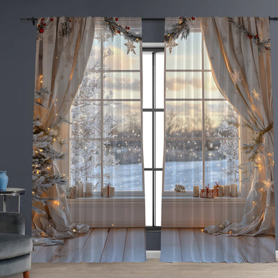 Pair of Christmas curtains with a 3D digital print of a snowy winter window scene, frosted trees, and snowflakes. - Image 16