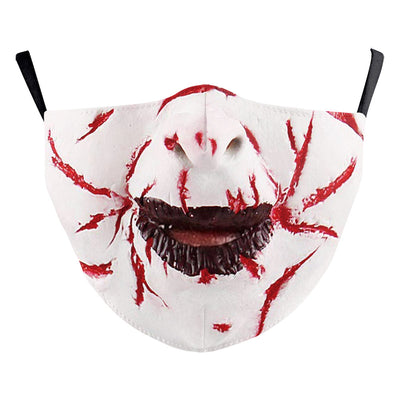 Halloween dust mask with a split design: one side a smiling clown face, the other a stitched, bloody mouth. - Image 10