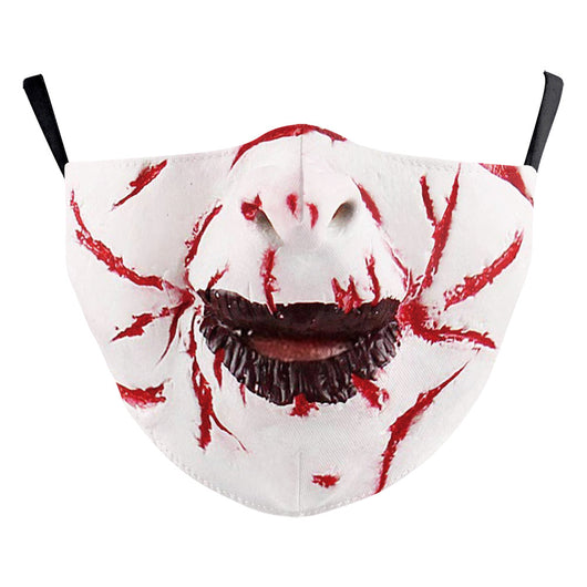 Halloween dust mask with a split design: one side a smiling clown face, the other a stitched, bloody mouth. - Image 10