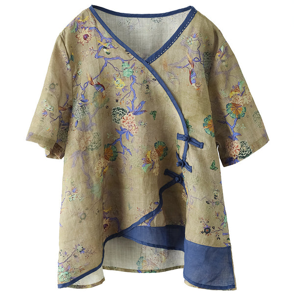 Camisa V-neck de Ramio con Botones Literarios Vintage