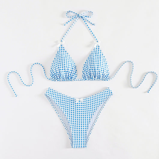 Red and white gingham print bikini swimsuit with a triangle halter top and high-cut bottom, featuring small white bows. - Image 25