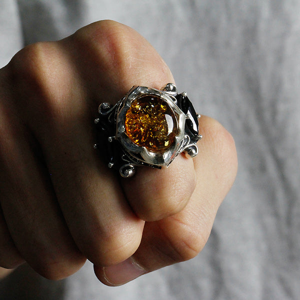 Anillo de Plata 925 Retro con Piedra Negra y Ámbar