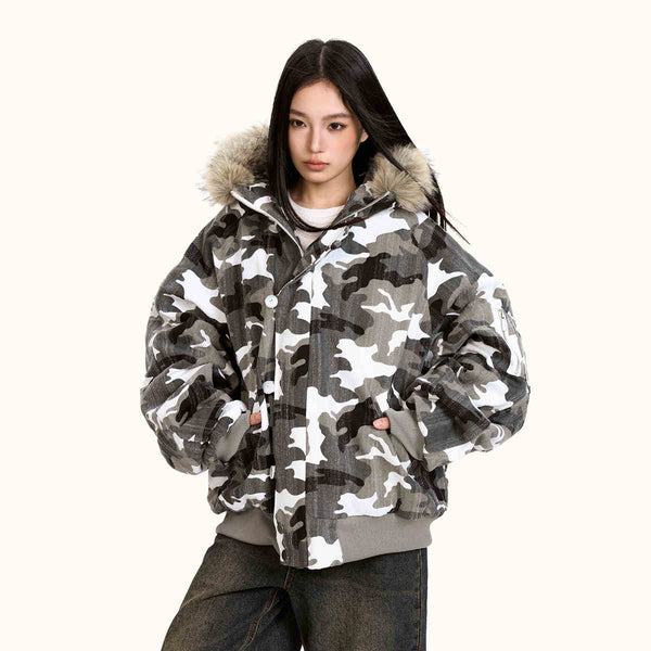 Chaqueta Acolchada de Algodón con Cuello de Pelaje y Diseño Camuflaje Retro