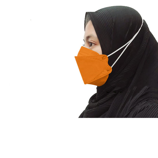 Orange KF94-style headloop face mask worn by an adult with a black hijab, designed for respiratory protection. - Image 7