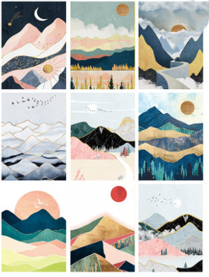 Fabric partition curtain with an abstract mountain landscape, featuring a peach sunset and flying birds, in blue, green, and cream. - Image 14