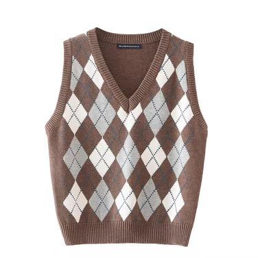 Chaleco Tejido Cuadros Diamante Estilo Preppy Retro Versátil - Image 12