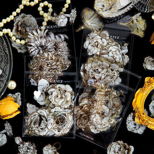 Set of 30 white and cream flower stickers, 55x55mm, featuring various chrysanthemum designs with a bronzing effect.