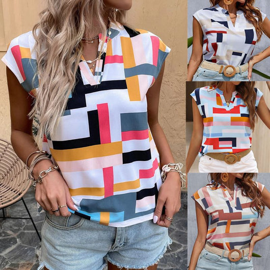 Blusa Estampada con Cuello en V y Mangas Abullonadas para Mujer