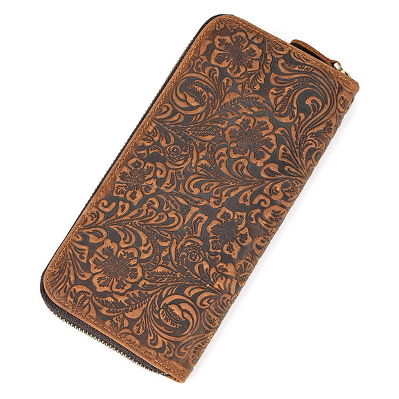 Billetera Larga Hombre Cuero Crazy Horse Retro con Grabado Fashion