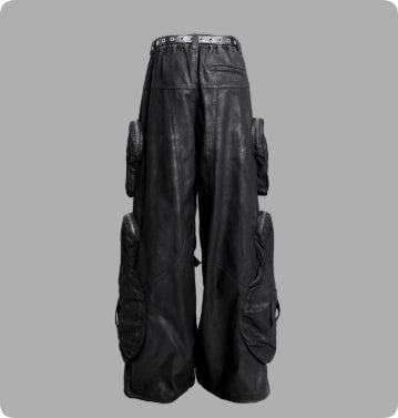 Pantalones Cargo Oversized de Algodón Puro Pesado Negro con Múltiples Bolsillos