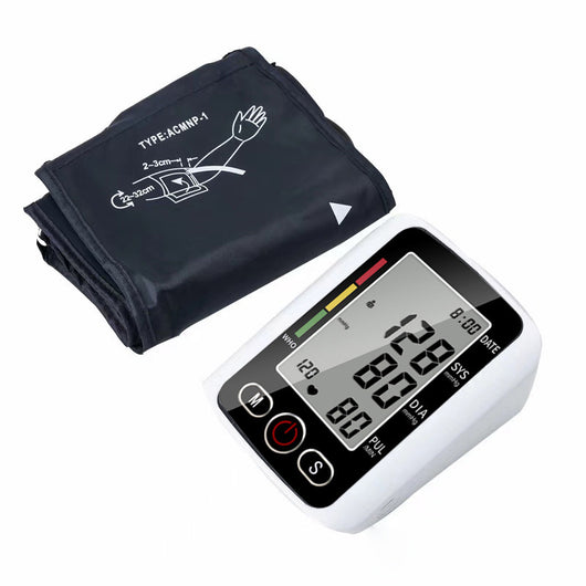 White electronic arm blood pressure monitor with large digital display and dark blue cuff, next to its product box. - Image 5
