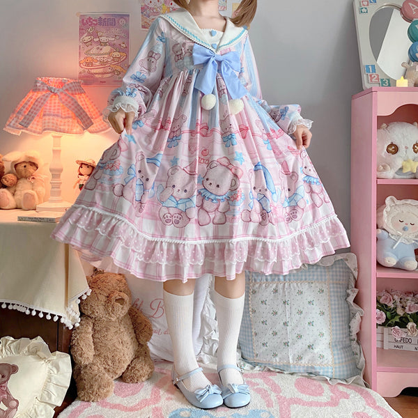 Vestido Lolita Soft Girl Osito Soñador de Manga Larga