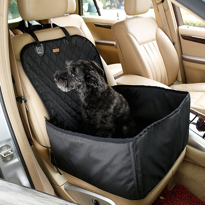 Black quilted waterproof pet car seat for front passenger seat, with a small black dog sitting inside. - Image 8