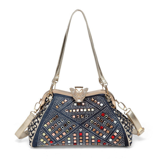 Bolso Bandolera de Lona Estilo Cowgirl con Brillantes y Broche de Mariposa