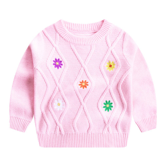 Suéter Infantil con Flores Bordadas - Cuello Redondo para Niñas