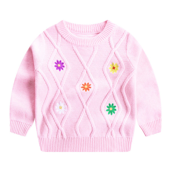 Suéter Infantil con Flores Bordadas - Cuello Redondo para Niñas