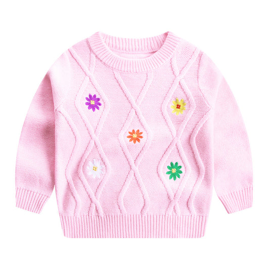Suéter Infantil con Flores Bordadas - Cuello Redondo para Niñas