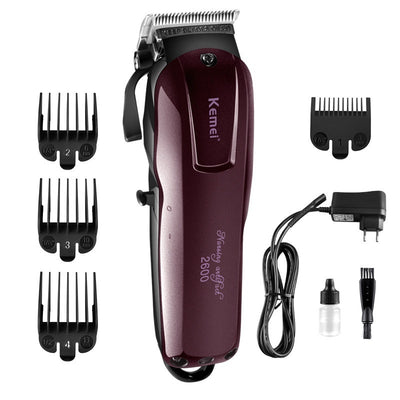 Kemei electric hair clipper in metallic burgundy with four guide combs, power adapter, cleaning brush, and oil bottle. - Image 5