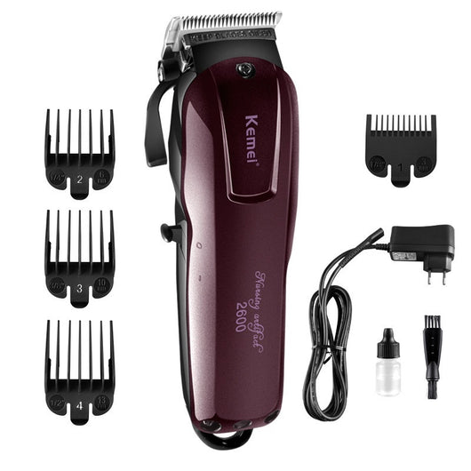 Kemei electric hair clipper in metallic burgundy with four guide combs, power adapter, cleaning brush, and oil bottle. - Image 5