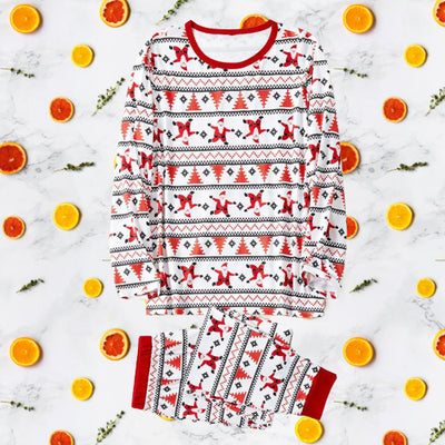 White baby romper with red and black Fair Isle pattern, Santa Claus, and Christmas trees, long sleeves, round neck. - Image 13